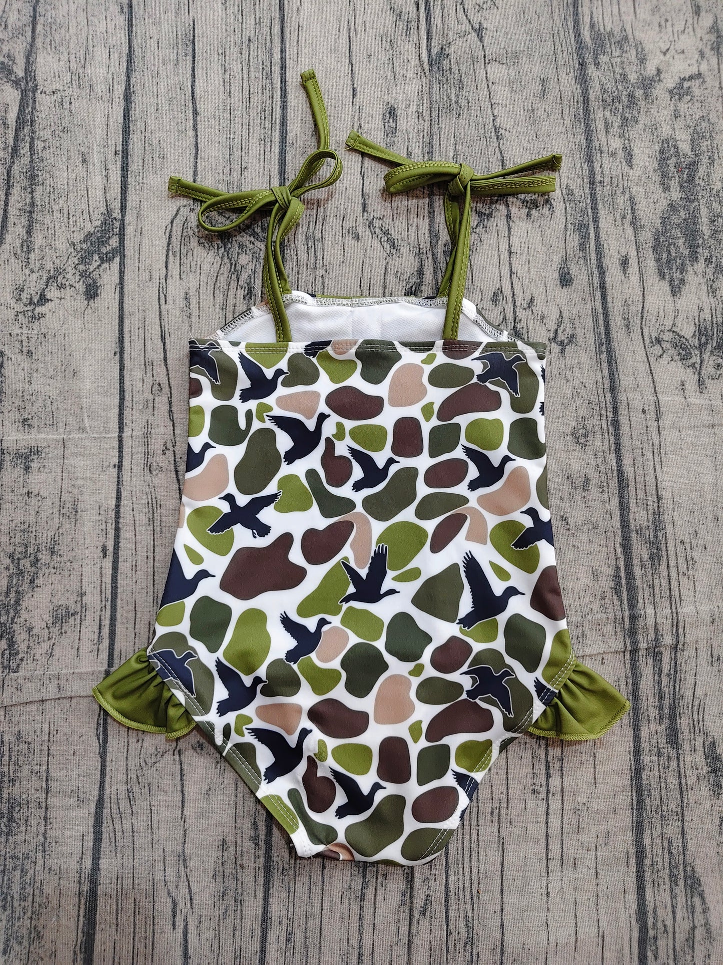( No moq ) Preorder Baby Girls Kids Stripes Ducks Camo Green Ruffle One-piece Swimsuit Summer Clothes