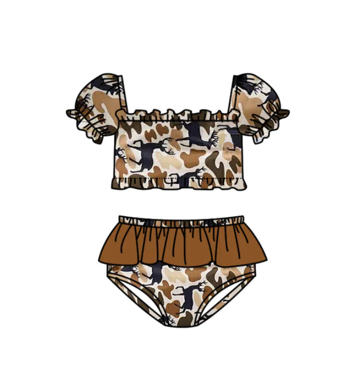 ( Moq 5 ) Preorder Baby Girls Kids Short Sleeves Deer Camo Tops Brown Ruffle Shorts Set Swimsuit
