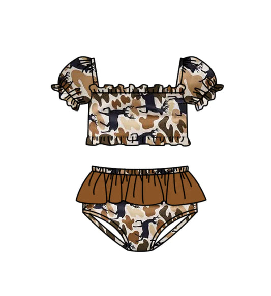 ( Moq 5 ) Preorder Baby Girls Kids Short Sleeves Deer Camo Tops Brown Ruffle Shorts Set Swimsuit