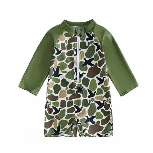 ( Moq 5 ) Preorder Baby Boys Long Sleeves Ducks Green Camo Zipper One-piece Swimsuit