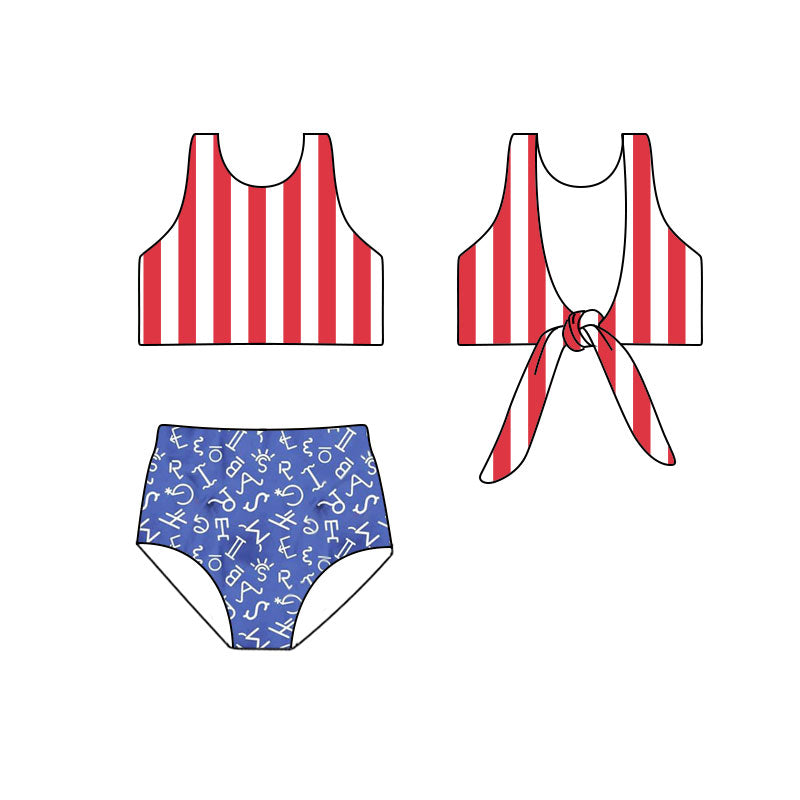 ( Moq 5 ) Preorder Baby Girls Kids Sleeveless Stripes Tops Shorts 4th of July Set Swimsuit