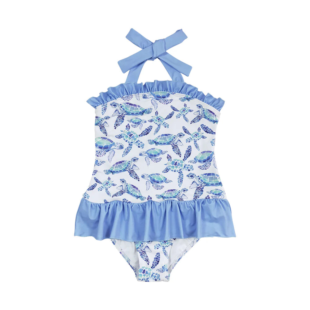 ( Moq 5 ) Preorder Baby Girls Kids Sleeveless Crocodiles Blue Ruffle Summer One-piece Swimsuit