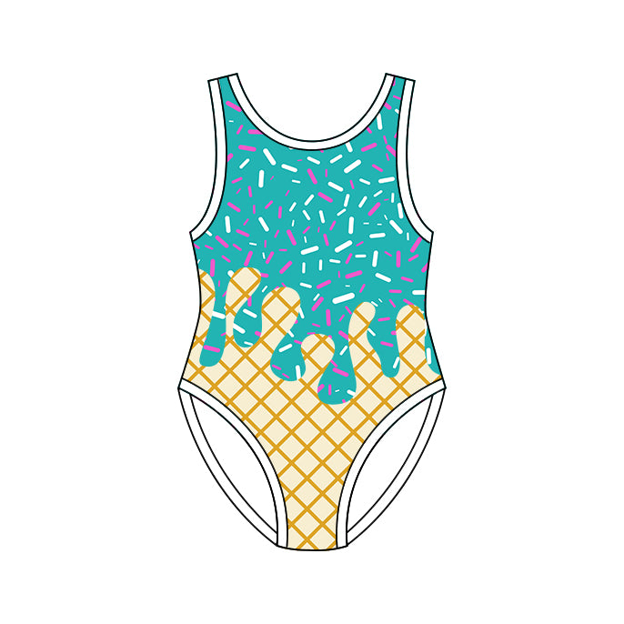 ( Moq 5 ) Preorder Baby Girls Kids Sleeveless Green Sprinkles Drips Summer One-piece Swimwear