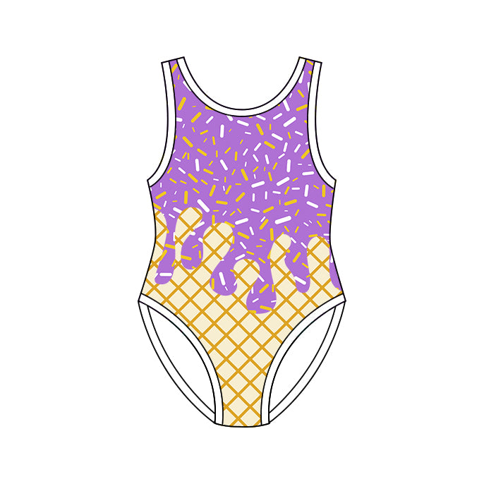 ( Moq 5 ) Preorder Baby Girls Kids Sleeveless Purple Sprinkles Drips Summer One-piece Swimwear