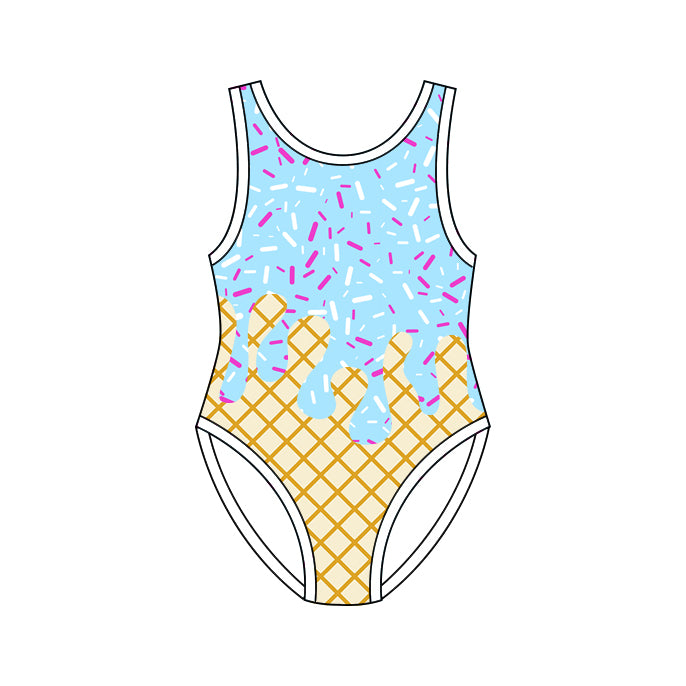 ( Moq 5 ) Preorder Baby Girls Kids Sleeveless Blue Sprinkles Drips Summer One-piece Swimwear