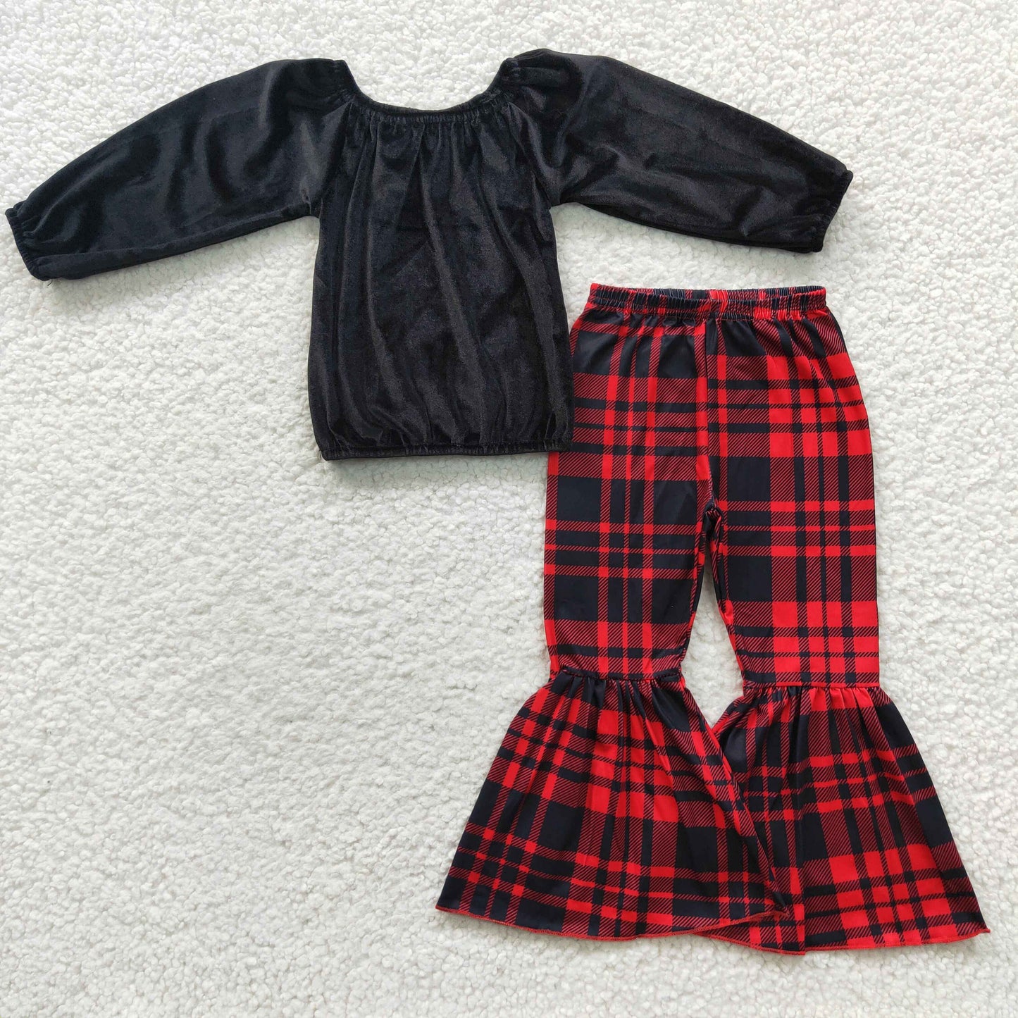 Baby Girl Christmas Long Sleeves Black Velvet Plaid Bell Pants Outfit