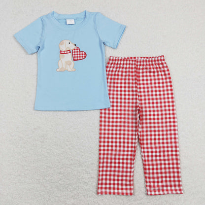 BSPO0269 Baby Boy Short Sleeves Valentine's Embroidery Dog Heart Shirt Red Plaid Pants Set Pajamas