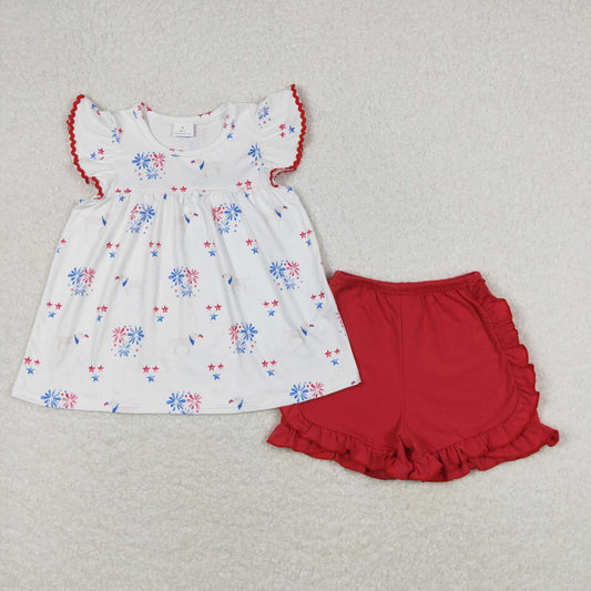 Baby Girl Short Sleeves Stars Dogs Tunic Red Shorts July 4th Set