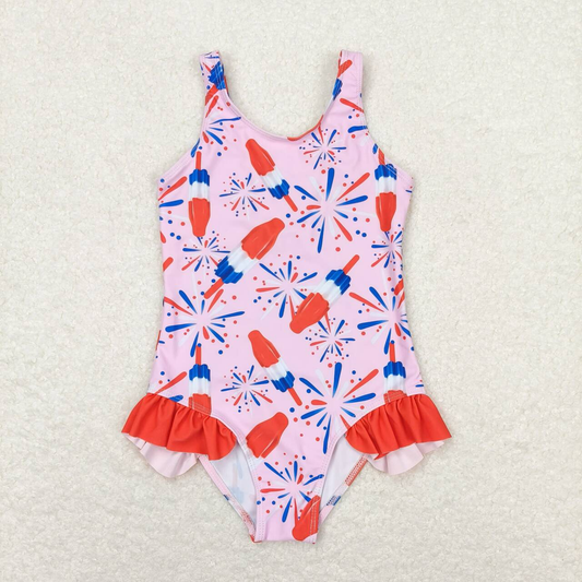 Baby Girl Sleeveless Popsicle Pink July 4th One Piece Swimsuit