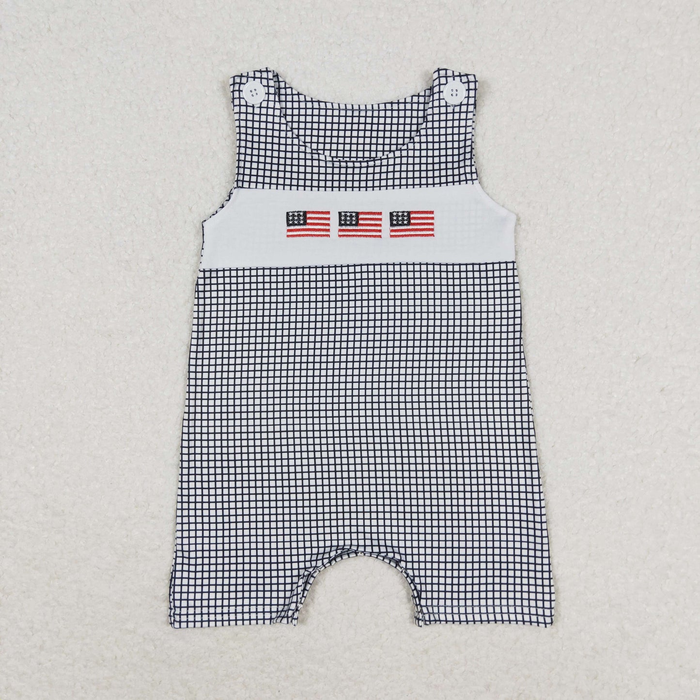 Baby Boy Sleeveless Embroidery Flags Plaid Romper