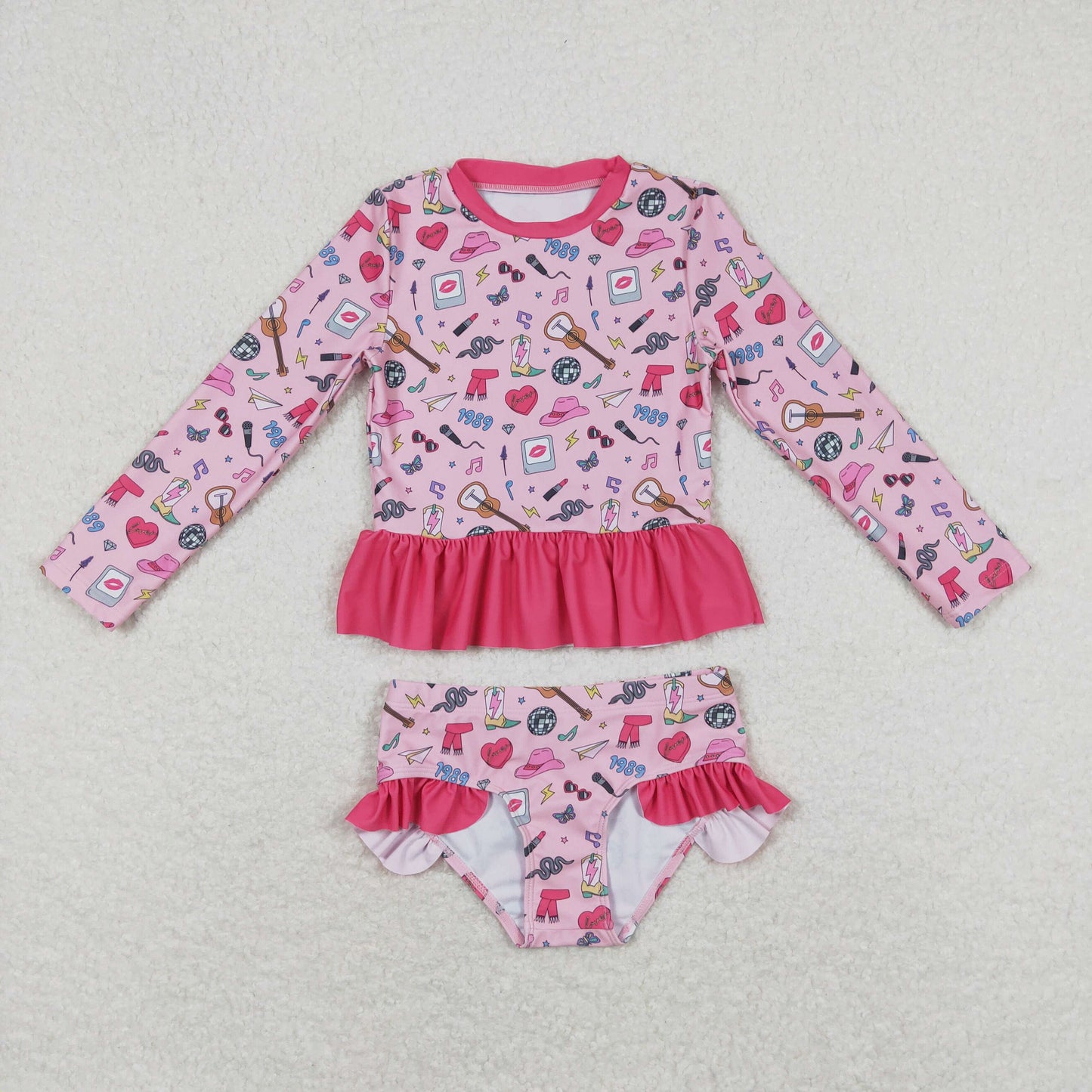 Baby Girl Bathing Suit Long Sleeves Singer Pink Tops Shorts Set Swimsuit