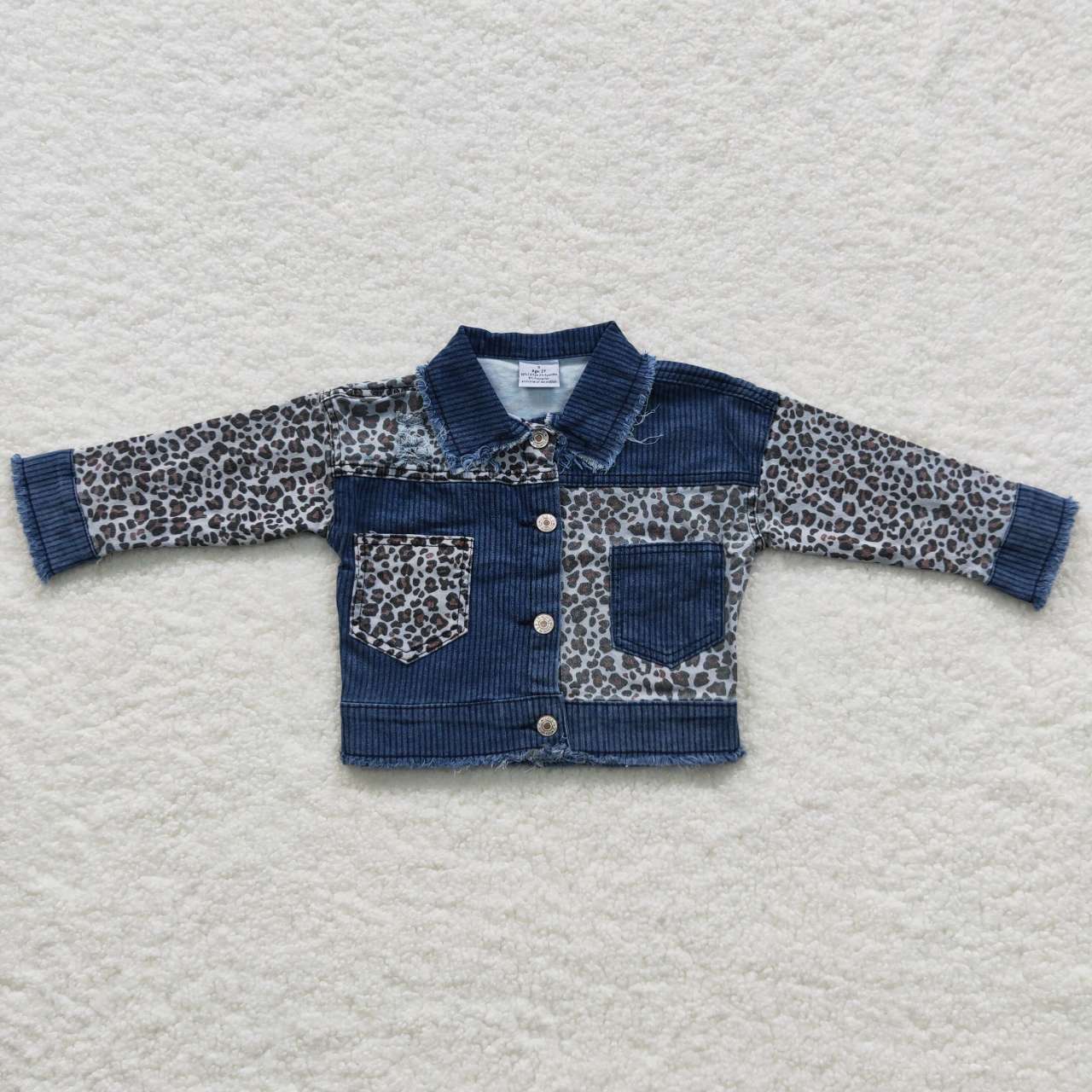 6 A5-14 Baby Girl Long Sleeve Leopard Denim Jacket Coat