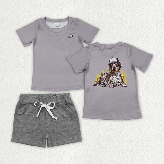 Baby Boy Short Sleeves Dog Shirt Grey Pockets Shorts Hunting Clothes Set RTS