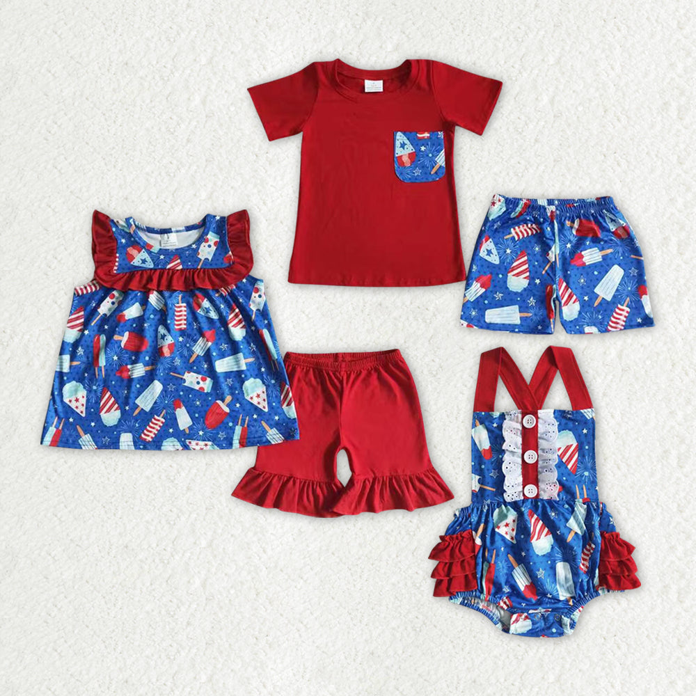 Baby Boy Girl July 4th Popsicle Sibling Summer Romper Clothes Set