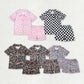 Adult Women Short Sleeves Camo Checkered Bows Buttons Tops Shorts Sibling Pajamas Set