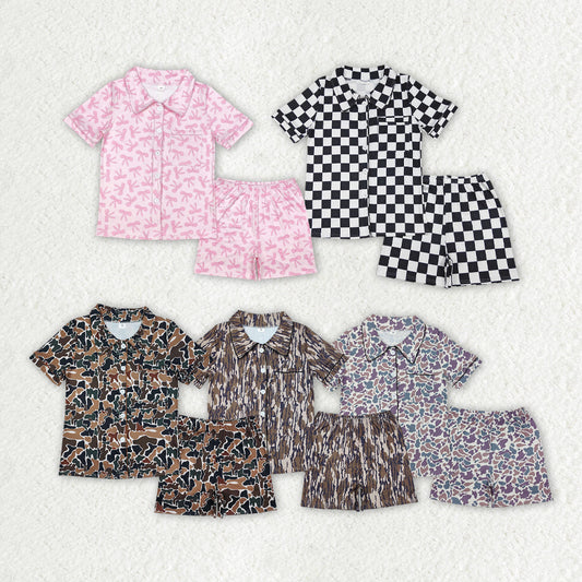 Adult Women Short Sleeves Camo Checkered Bows Buttons Tops Shorts Sibling Pajamas Set