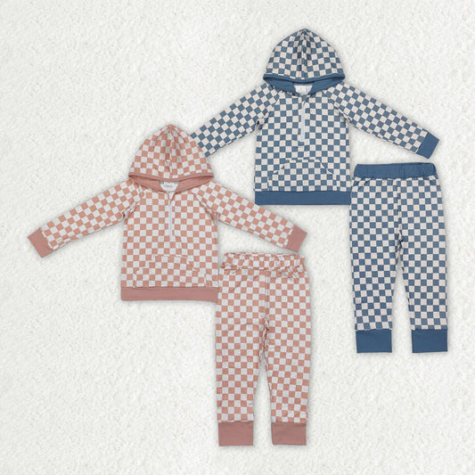 Boy Baby Girl Long Sleeves Checkered Zipper Hoodie Shirt Pants Sibling Clothes Set