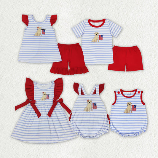 Baby Boy Girl July 4th Embroidery Dog Flag Sibling Romper Dress Set