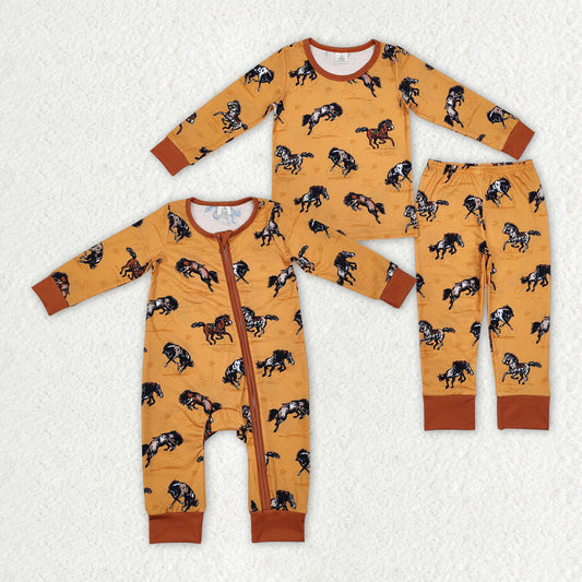 Baby Boy Long Sleeves Western Horse Sibling Brother Bamboo Romper Pajamas Set