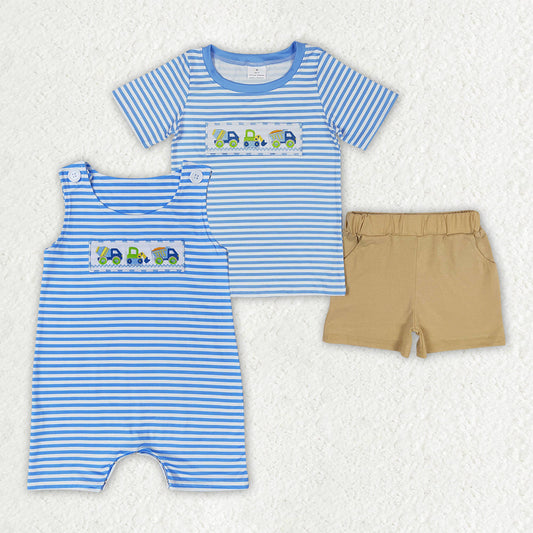 Baby Boy Embroidery Constructions Blue Stripes Sibling Romper Outfit Set RTS
