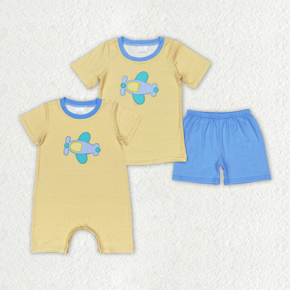 Baby Boy Embroidery Planes Sibling Brother Summer Romper Set