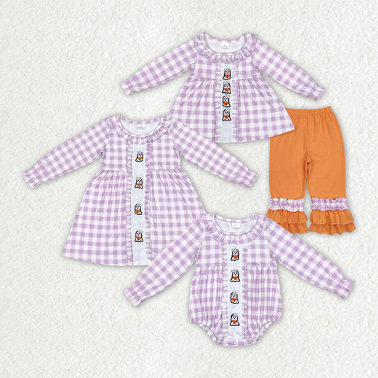 Baby Girl Embroidery Ghost Pumpkin Sibling Sister Purple Checkered Halloween Clothes Set