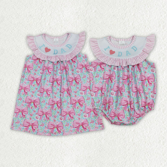Baby Girl Embroidery I Love Dad Flower Bows Sibling Ruffle Romper Dress RTS