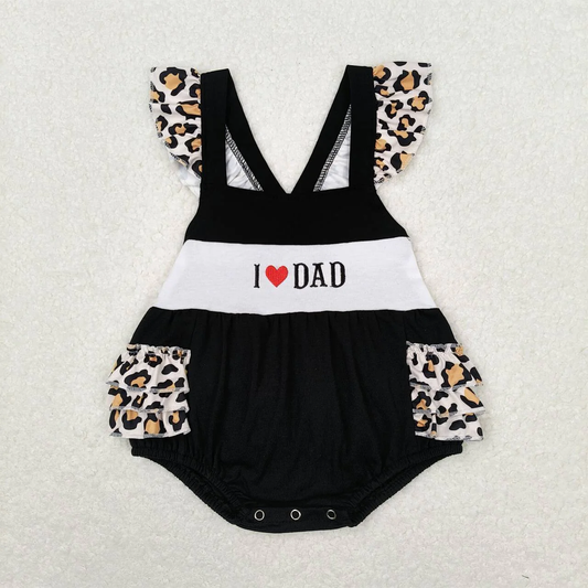 Baby Girl Embroidery I Love Dad Leopard Black One Piece Romper