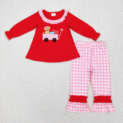 GLP0900 Baby Girl Valentine's Day Embroidery Dog Hearts Shirt Plaid Ruffle Pants Set