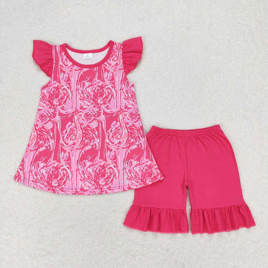 baby girl short sleeves flamingo tops pink shorts summer set