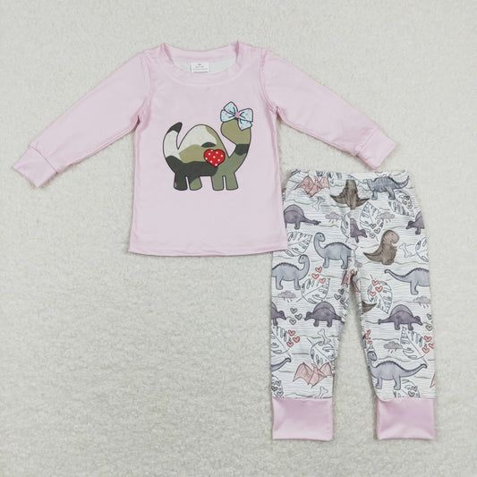 GLP1025 Valentine's Day Baby Girl Long Sleeves Pink Shirt Dinosaurs Bell Pants Set