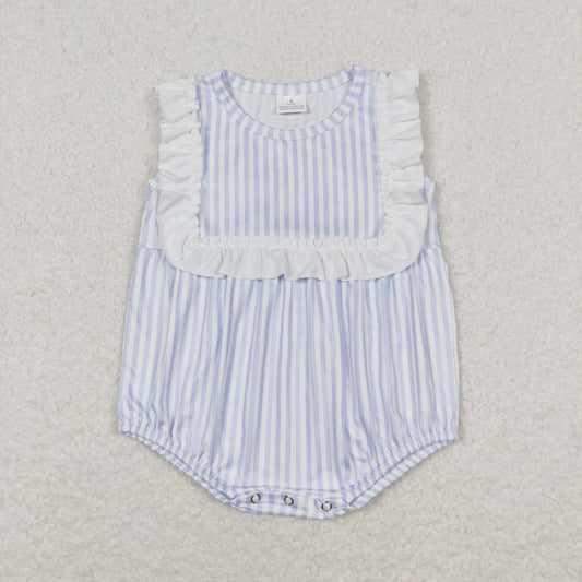 Baby Girl Blue Stripes Bubble Ruffle One Piece Romper