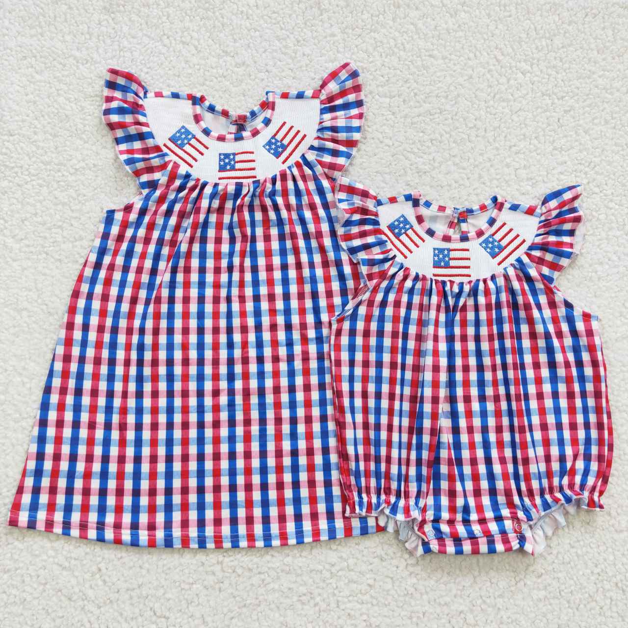 GSD0387 July 4th Baby Girl Smocked Gingham Embroidery Summer Dress