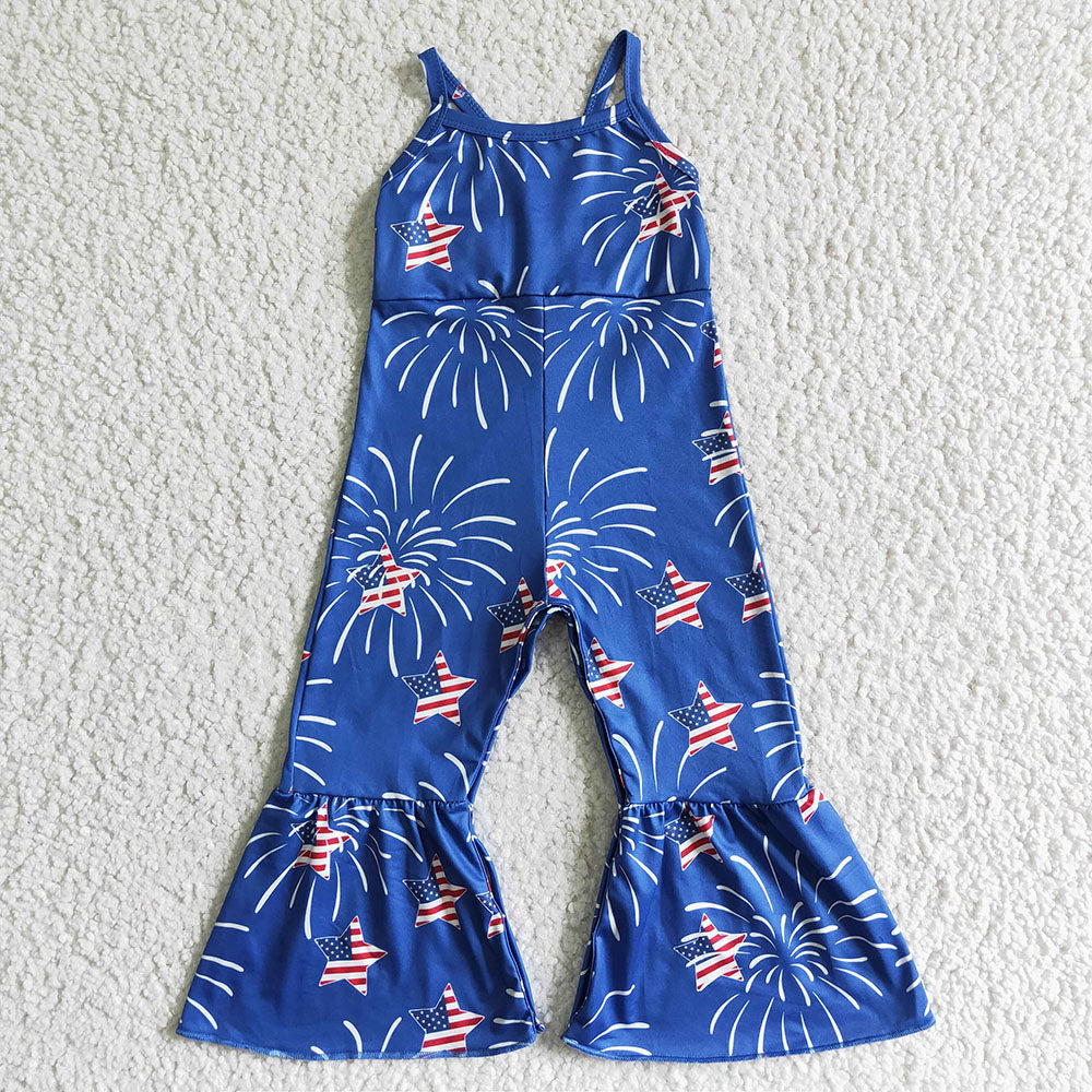 Sibling Baby Girls Kids Straps Stars Bows 4th Of July Bell Pants Jumpsuits RTS