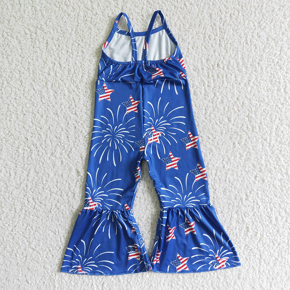 Sibling Baby Girls Kids Straps Stars Bows 4th Of July Bell Pants Jumpsuits RTS
