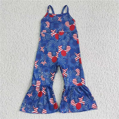 Sibling Baby Girls Kids Straps Stars Bows 4th Of July Bell Pants Jumpsuits RTS