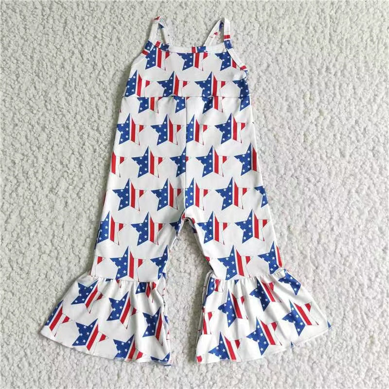 Sibling Baby Girls Kids Straps Stars Bows 4th Of July Bell Pants Jumpsuits RTS
