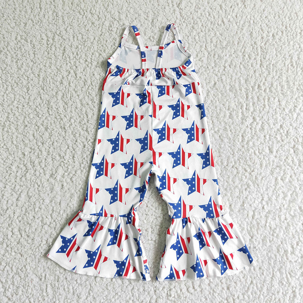 Sibling Baby Girls Kids Straps Stars Bows 4th Of July Bell Pants Jumpsuits RTS