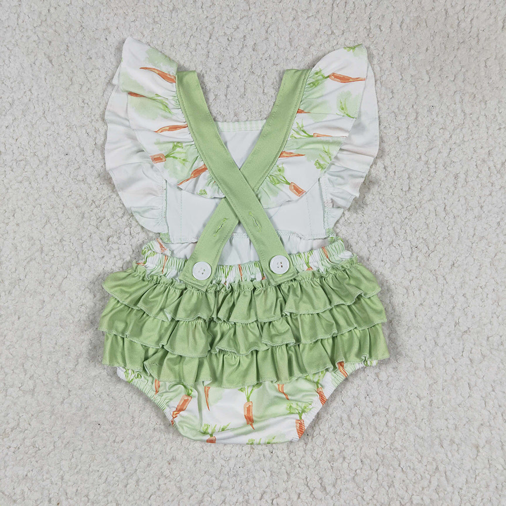 Baby Boy Girl Short Sleeves Easter Rabbits Carrots Sibling Green Romper Dress Set