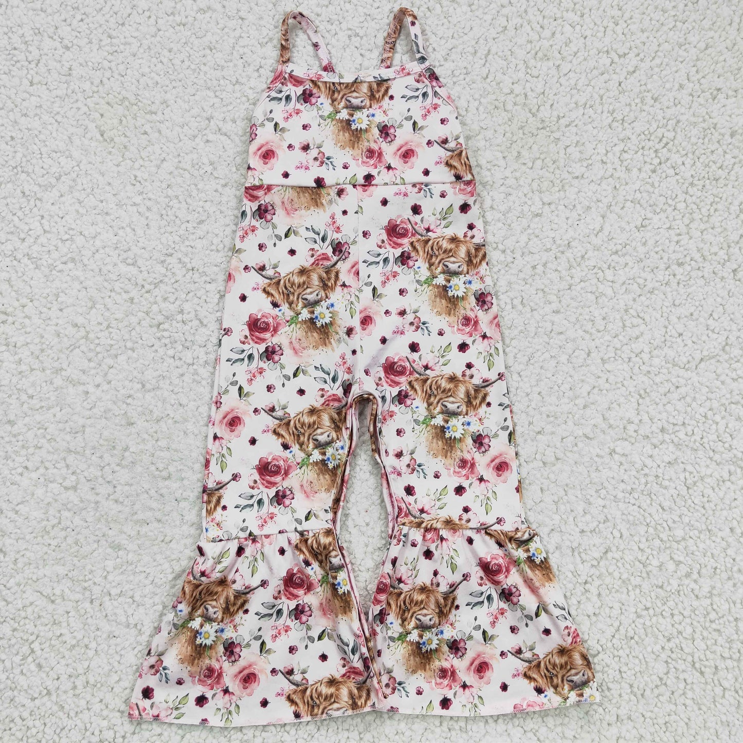 Sibling Baby Girls Kids Straps Western Cow Print Bell Pants Jumpsuits RTS