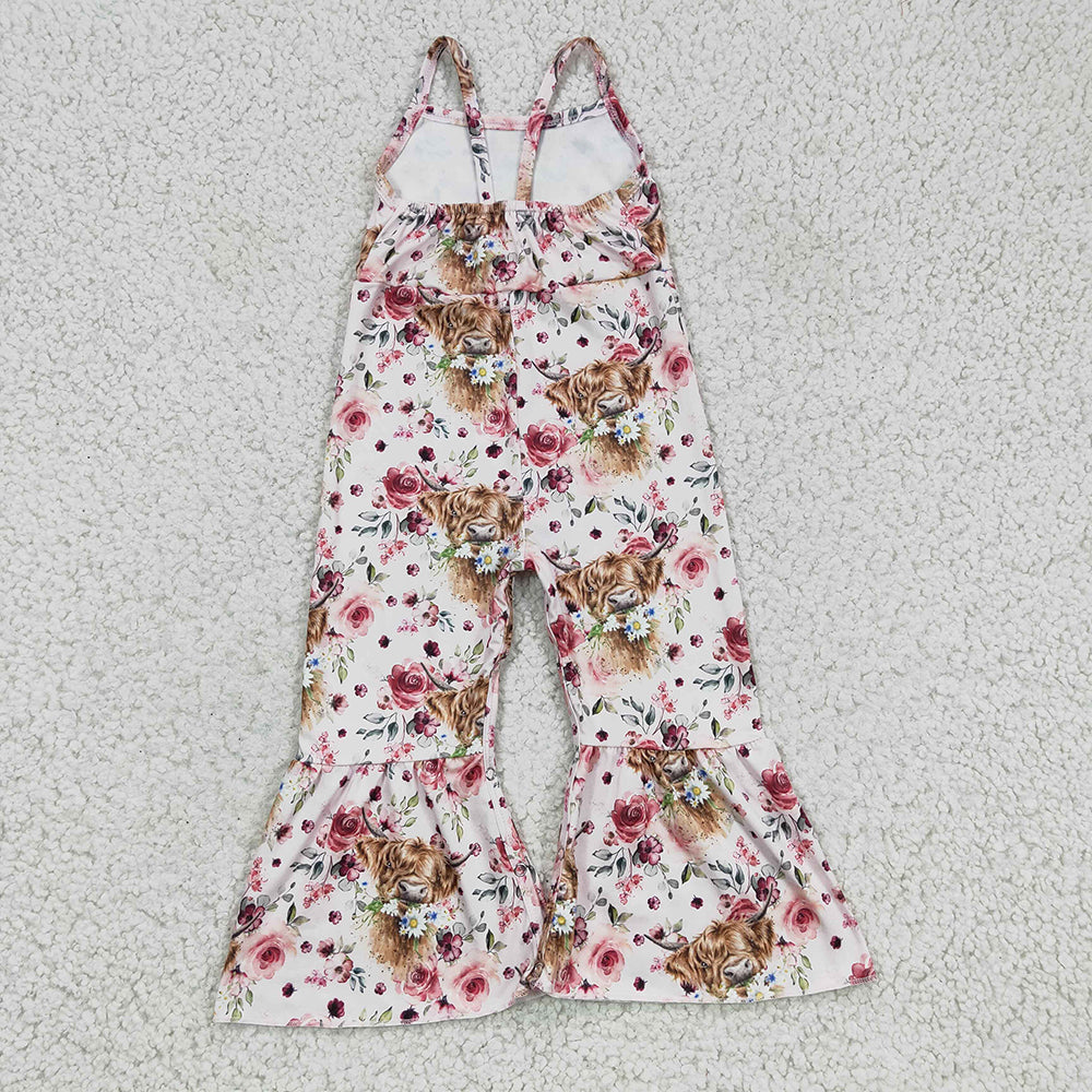 Sibling Baby Girls Kids Straps Western Cow Print Bell Pants Jumpsuits RTS
