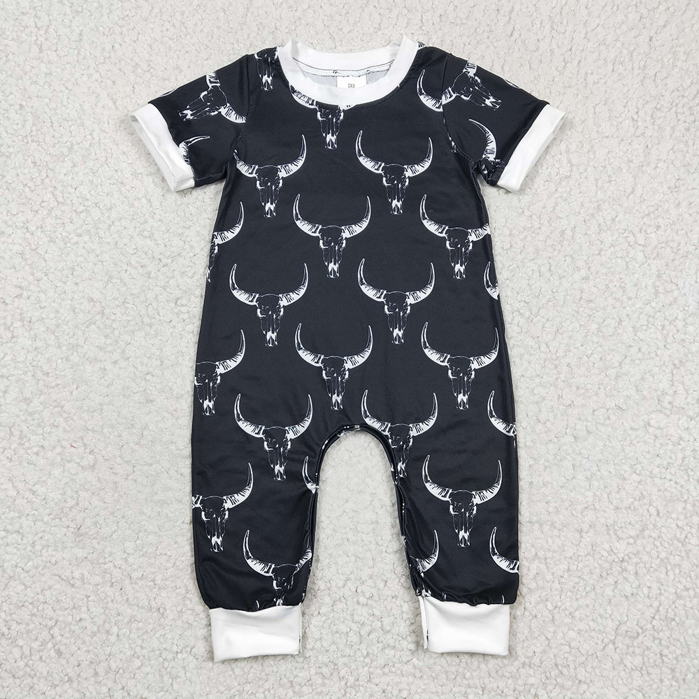 Baby Boy Infant Short Sleeves Western Cow Sibling Buttons Romper