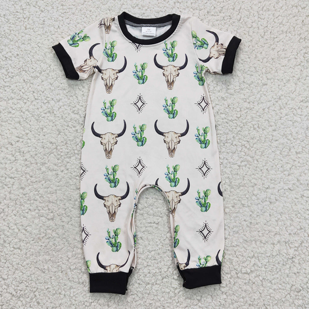 Baby Boy Infant Short Sleeves Western Cow Sibling Buttons Romper