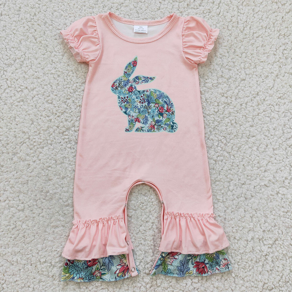 Baby Girl Easter Rabbits Flower Sibling Romper Jumpsuit Set