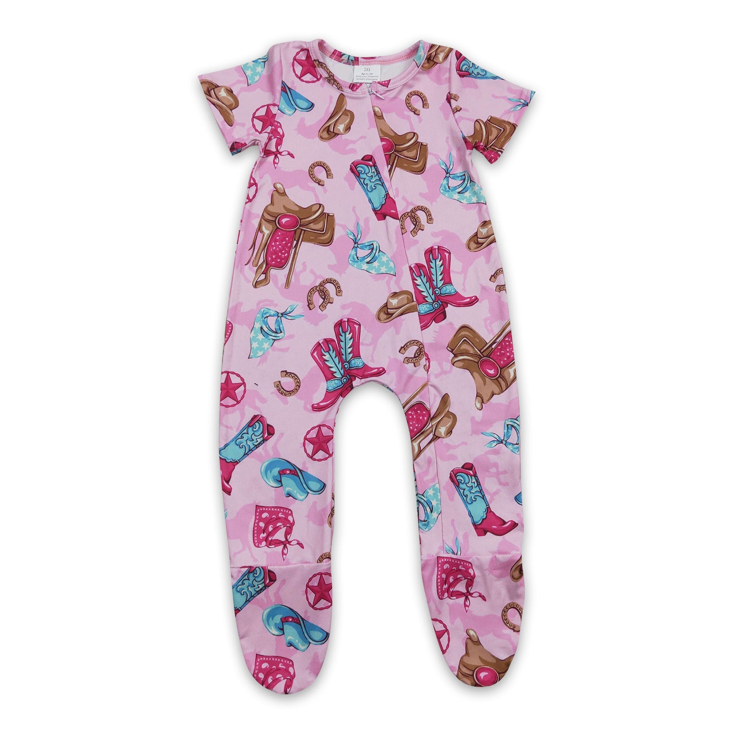 Promotion Baby Girl Western Boots Short Sleeves Zipper Romper Footed Coverall RTS