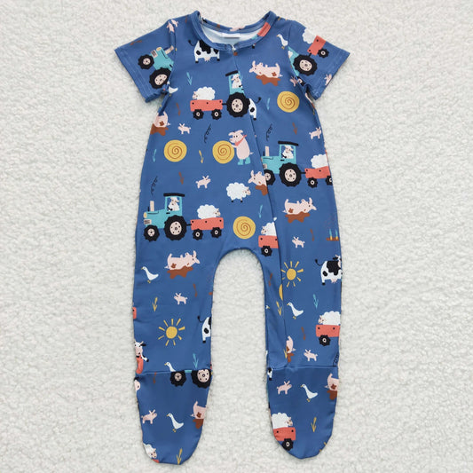 Promotion Baby Boy Kids Farm Boots Short Sleeves Zipper Romper Footed Coverall