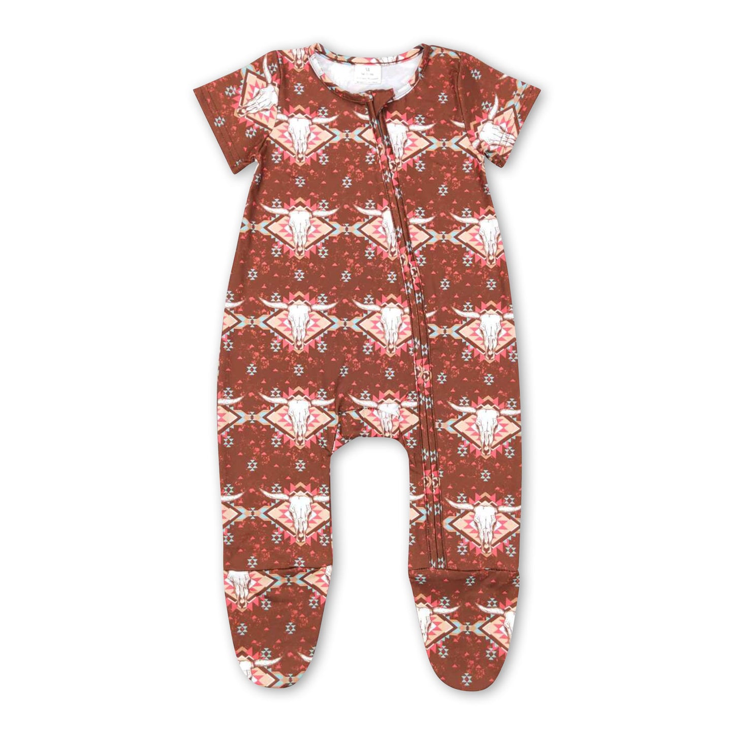 Promotion Baby Kids Infant Short Sleeves Cow Aztec Western Footie Zipper Romper RTS