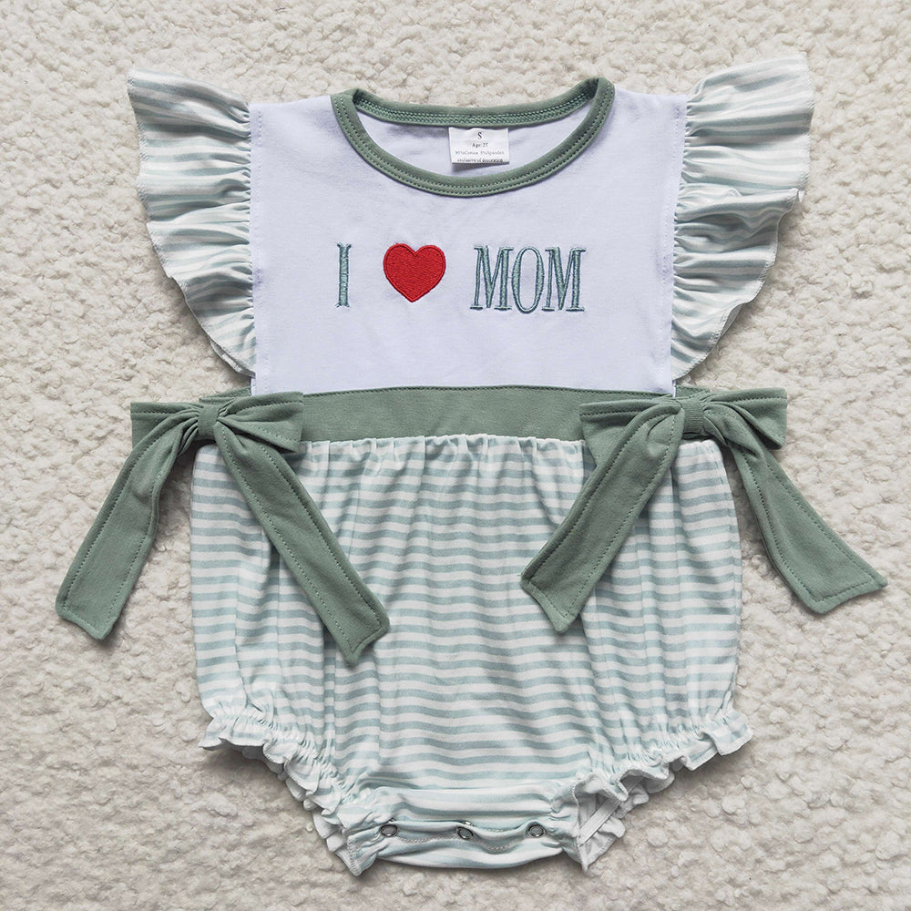 Baby Boy Girl Embroidery I Love Mom Green Sibling Romper Dress Clothes Set