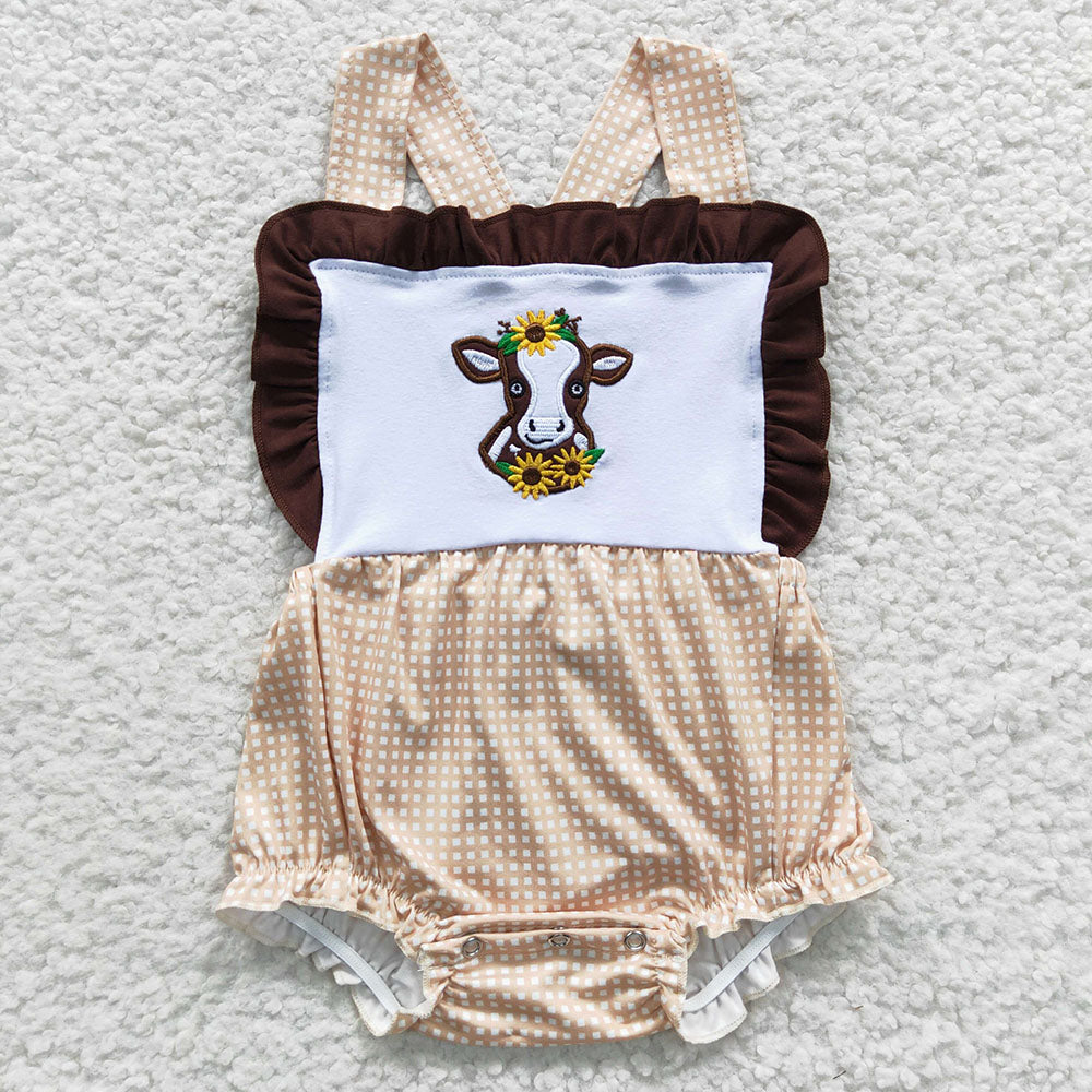 Baby Boy Girl Short Sleeves Embroidery Western Sunflower Cow Sibling Romper Dress Set