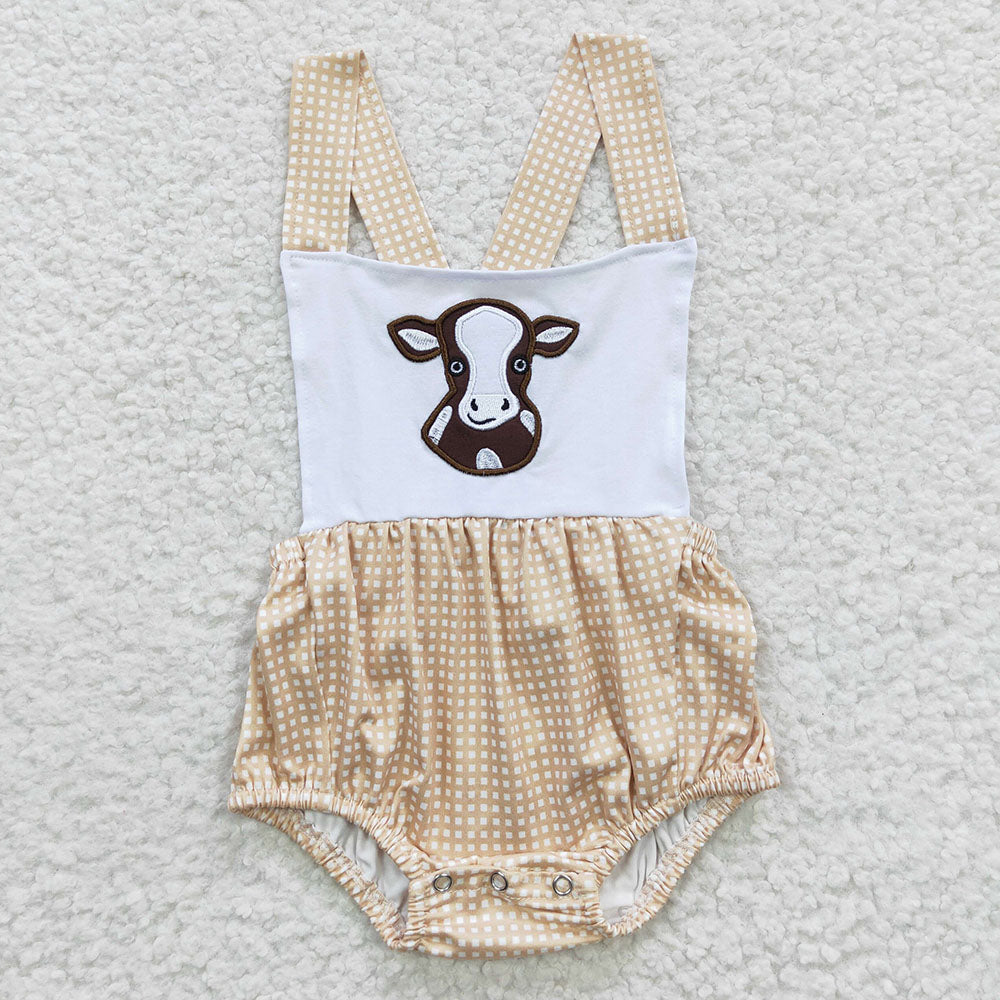 Baby Boy Girl Short Sleeves Embroidery Western Sunflower Cow Sibling Romper Dress Set